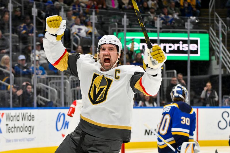 Jan 23, 2025; St. Louis, Missouri, USA;  Vegas Golden Knights right wing Mark Stone (61) reacts after scoring against St. Louis Blues goaltender Joel Hofer (30) during the first period at Enterprise Center. Mandatory Credit: Jeff Curry-Imagn Images