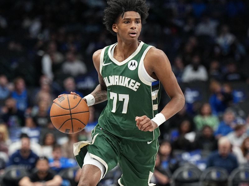 DALLAS, TX - OCTOBER 17: AJ Johnson #77 of the Milwaukee Bucks dribbles the ball during the game against the Dallas Mavericks during a NBA preseason game on October 17, 2024 at American Airlines Center in Dallas, Texas. NOTE TO USER: User expressly acknowledges and agrees that, by downloading and or using this photograph, User is consenting to the terms and conditions of the Getty Images License Agreement. Mandatory Copyright Notice: Copyright 2024 NBAE (Photo by Glenn James/NBAE via Getty Images)