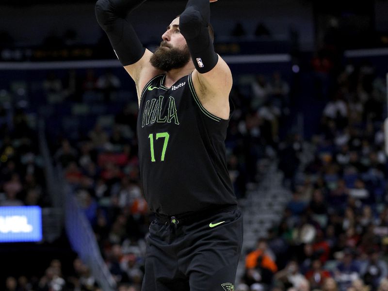 NEW ORLEANS, LOUISIANA - JANUARY 23: Jonas Valanciunas #17 of the New Orleans Pelicans shoots the ball during the third quarter an NBA game against the Utah Jazz at Smoothie King Center on January 23, 2024 in New Orleans, Louisiana. NOTE TO USER: User expressly acknowledges and agrees that, by downloading and or using this photograph, User is consenting to the terms and conditions of the Getty Images License Agreement. (Photo by Sean Gardner/Getty Images)