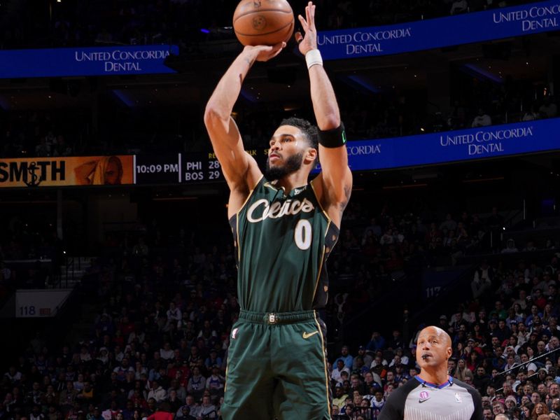 PHILADELPHIA, PA - FEBRUARY 25: Jayson Tatum #0 of the Boston Celtics shoots a three point basket during the game against the Philadelphia 76ers on February 25, 2023 at the Wells Fargo Center in Philadelphia, Pennsylvania NOTE TO USER: User expressly acknowledges and agrees that, by downloading and/or using this Photograph, user is consenting to the terms and conditions of the Getty Images License Agreement. Mandatory Copyright Notice: Copyright 2023 NBAE (Photo by Jesse D. Garrabrant/NBAE via Getty Images)