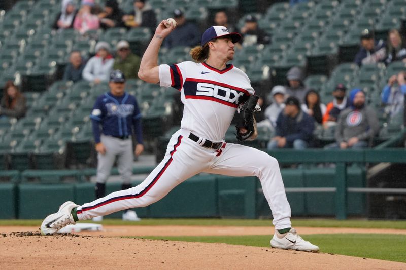 Apr 30, 2023; Chicago, Illinois, USA; Chicago White Sox starting pitcher Mike Clevinger (52) throws a pitch against the Tampa Bay Rays during the first inning at Guaranteed Rate Field. Mandatory Credit: David Banks-USA TODAY Sports