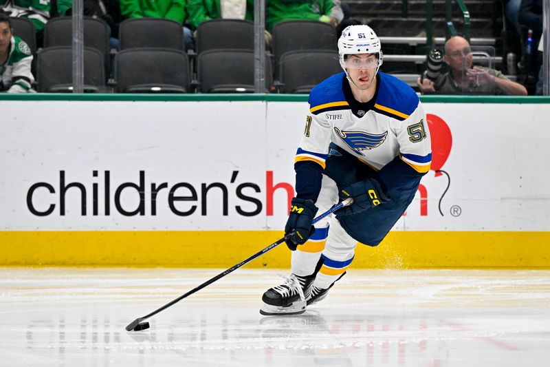 Apr 17, 2024; Dallas, Texas, USA; St. Louis Blues defenseman Matthew Kessel (51) skates against the Dallas Stars during the second period at the American Airlines Center. Mandatory Credit: Jerome Miron-USA TODAY Sports