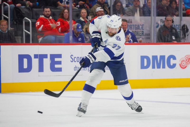 Jan 21, 2024; Detroit, Michigan, USA; Tampa Bay Lightning defenseman Victor Hedman (77) shoots the puck during the first period at Little Caesars Arena. Mandatory Credit: Brian Bradshaw Sevald-USA TODAY Sports