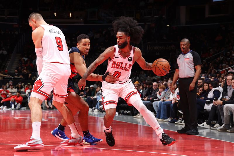 WASHINGTON, DC -? NOVEMBER 26: Coby White #0 of the Chicago Bulls dribbles the ball during the game against the Washington Wizards during the Emirates NBA Cup game on November 26, 2024 at Capital One Arena in Washington, DC. NOTE TO USER: User expressly acknowledges and agrees that, by downloading and or using this Photograph, user is consenting to the terms and conditions of the Getty Images License Agreement. Mandatory Copyright Notice: Copyright 2024 NBAE (Photo by Stephen Gosling/NBAE via Getty Images)