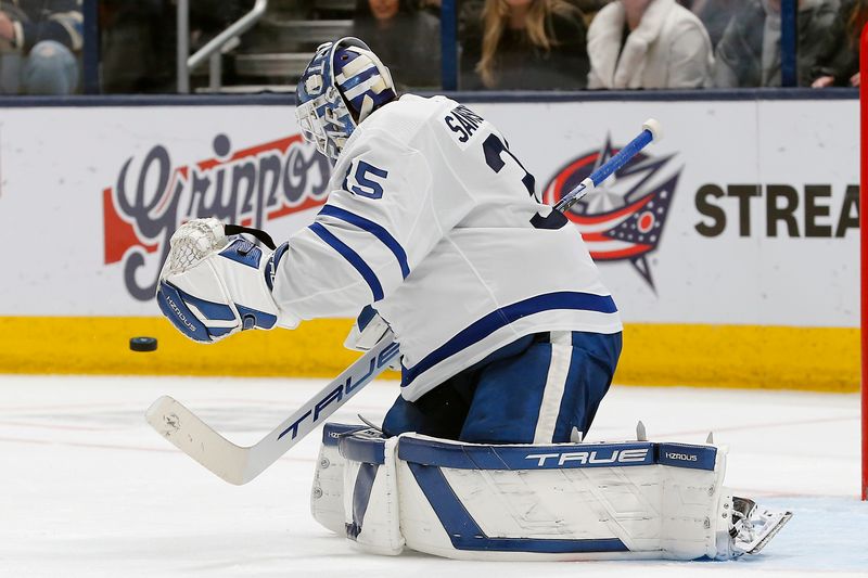 Dec 29, 2023; Columbus, Ohio, USA; Toronto Maple Leafs goalie Ilya Samsonov (35) makes a save against the Columbus Blue Jackets during the third period at Nationwide Arena. Mandatory Credit: Russell LaBounty-USA TODAY Sports