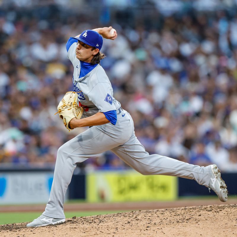 Jul 31, 2024; San Diego, California, USA; Los Angeles Dodgers relief pitcher Brent Honeywell (40) pitches during the sixth inning against the San Diego Padres at Petco Park. Mandatory Credit: David Frerker-USA TODAY Sports