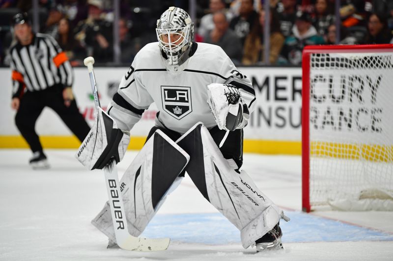 Nov 24, 2023; Anaheim, California, USA; Los Angeles Kings goaltender Cam Talbot (39) defends the goal against the Anaheim Ducks during the second period at Honda Center. Mandatory Credit: Gary A. Vasquez-USA TODAY Sports