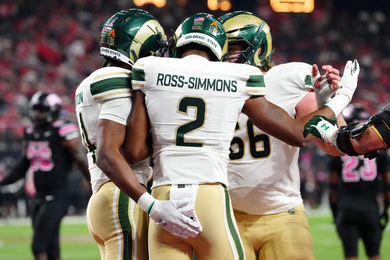 Oct 21, 2023; Paradise, Nevada, USA; Colorado State Rams wide receiver Justus Ross-Simmons (2) celebrates with teammates after scoring a touchdown against the UNLV Rebels during the fourth quarter at Allegiant Stadium. Mandatory Credit: Stephen R. Sylvanie-USA TODAY Sports