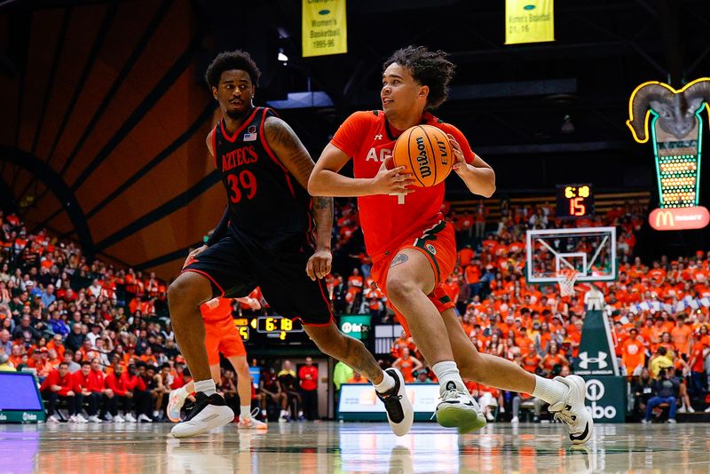 Feb 21, 2026; Fort Collins, Colorado, USA; Colorado State Rams guard Jase Butler (4) drives to the basket against San Diego State Aztecs guard Reese Dixon-Waters (39) in the second half at Moby Arena. Mandatory Credit: Isaiah J. Downing-Imagn Images