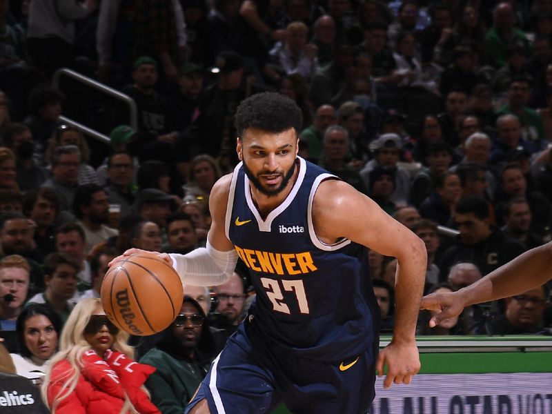 BOSTON, MA - JANUARY 19:  Jamal Murray #27 of the Denver Nuggets handles the ball during the game against the Boston Celtics on January 19, 2024 at the TD Garden in Boston, Massachusetts. NOTE TO USER: User expressly acknowledges and agrees that, by downloading and or using this photograph, User is consenting to the terms and conditions of the Getty Images License Agreement. Mandatory Copyright Notice: Copyright 2024 NBAE  (Photo by Brian Babineau/NBAE via Getty Images)