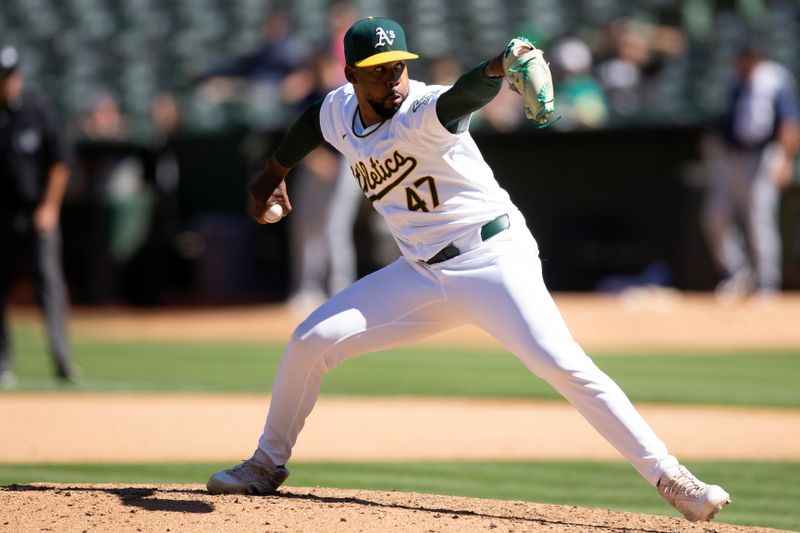 Sep 5, 2024; Oakland, California, USA; Oakland Athletics pitcher Michel Otañez (47) delivers a pitch against the Seattle Mariners during the eighth inning at Oakland-Alameda County Coliseum. Mandatory Credit: D. Ross Cameron-Imagn Images