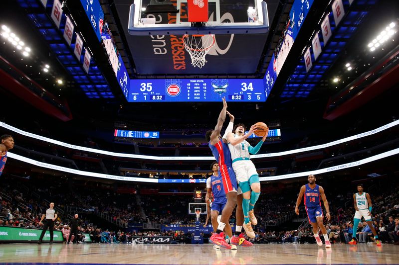 DETROIT, MI - JANUARY 24: LaMelo Ball #1 of the Charlotte Hornets drives to the basket during the game against the Detroit Pistons on January 24, 2024 at Little Caesars Arena in Detroit, Michigan. NOTE TO USER: User expressly acknowledges and agrees that, by downloading and/or using this photograph, User is consenting to the terms and conditions of the Getty Images License Agreement. Mandatory Copyright Notice: Copyright 2024 NBAE (Photo by Brian Sevald/NBAE via Getty Images)