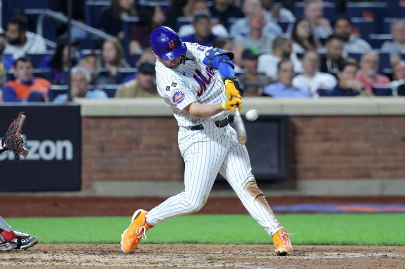 Sep 17, 2024; New York City, New York, USA; New York Mets first baseman Pete Alonso (20) hits a three run home run against the Washington Nationals during the sixth inning at Citi Field. Mandatory Credit: Brad Penner-Imagn Images