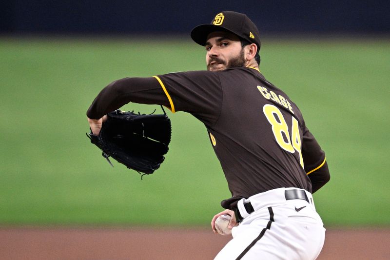 Mar 25, 2024; San Diego, California, USA; San Diego Padres starting pitcher Dylan Cease (84) throws a pitch against the Seattle Mariners during the first inning at Petco Park. Mandatory Credit: Orlando Ramirez-USA TODAY Sports