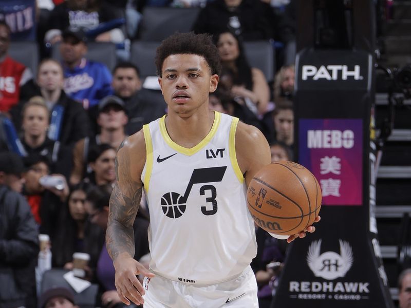 SACRAMENTO, CA - NOVEMBER 16: Keyonte George #3 of the Utah Jazz dribbles the ball during the game against the Sacramento Kings on November 16, 2024 at Golden 1 Center in Sacramento, California. NOTE TO USER: User expressly acknowledges and agrees that, by downloading and or using this Photograph, user is consenting to the terms and conditions of the Getty Images License Agreement. Mandatory Copyright Notice: Copyright 2024 NBAE (Photo by Rocky Widner/NBAE via Getty Images)