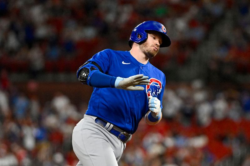 Jul 29, 2023; St. Louis, Missouri, USA;  Chicago Cubs left fielder Ian Happ (8) reacts after hitting a two run home run against the St. Louis Cardinals during the third inning at Busch Stadium. Mandatory Credit: Jeff Curry-USA TODAY Sports