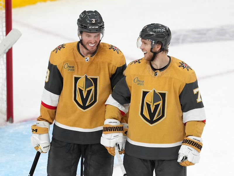 Jan 5, 2023; Las Vegas, Nevada, USA; Vegas Golden Knights defenseman Brayden McNabb (3) and Vegas Golden Knights center William Karlsson (71) await a face off against the Pittsburgh Penguins during the third period at T-Mobile Arena. Mandatory Credit: Stephen R. Sylvanie-USA TODAY Sports