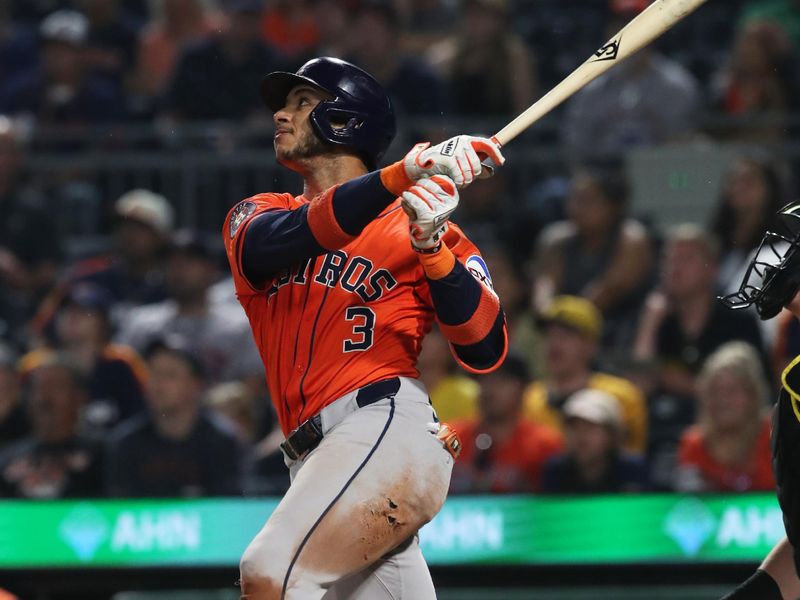 Jun 5, 2025; Pittsburgh, Pennsylvania, USA;  Houston Astros shortstop Jeremy Pena (3) at bat against the Pittsburgh Pirates during the third inning at PNC Park. Mandatory Credit: Charles LeClaire-Imagn Images