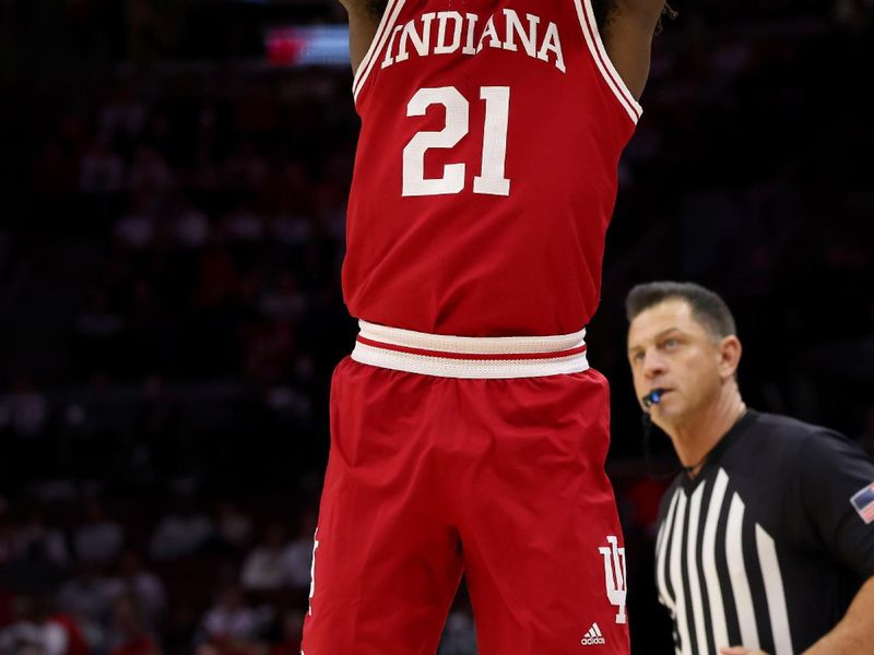 Jan 17, 2025; Columbus, Ohio, USA; Indiana Hoosiers forward Mackenzie Mgbako (21) shoots the ball during the first half against the Ohio State Buckeyes at Value City Arena. Mandatory Credit: Joseph Maiorana-Imagn Images