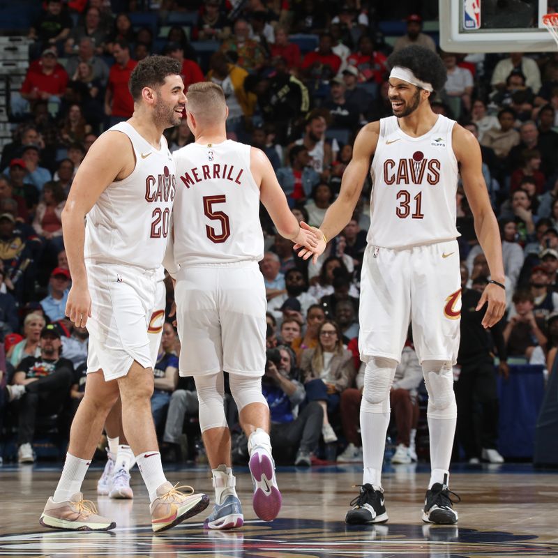 NEW ORLEANS, LA - MARCH 13: Sam Merrill #5 of the Cleveland Cavaliers celebrates during the game with Jarrett Allen #31 and Georges Niang #20 against the New Orleans Pelicans on March 13, 2024 at the Smoothie King Center in New Orleans, Louisiana. NOTE TO USER: User expressly acknowledges and agrees that, by downloading and or using this Photograph, user is consenting to the terms and conditions of the Getty Images License Agreement. Mandatory Copyright Notice: Copyright 2024 NBAE (Photo by Layne Murdoch Jr./NBAE via Getty Images)