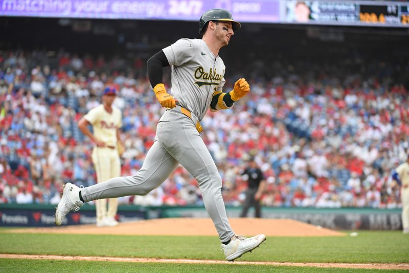 Jul 14, 2024; Philadelphia, Pennsylvania, USA; Oakland Athletics outfielder Brent Rooker (25) runs the bases after hitting a two-run home run against Philadelphia Phillies pitcher Michael Mercado (63) during the sixth inning at Citizens Bank Park. Mandatory Credit: Eric Hartline-USA TODAY Sports