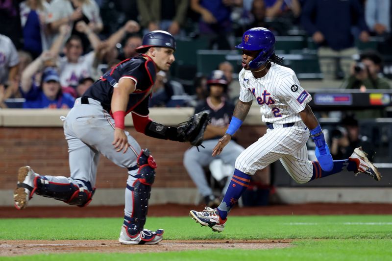 Sep 18, 2024; New York City, New York, USA; New York Mets shortstop Luisangel Acuna (2) scores a run against Washington Nationals catcher Drew Millas (81) on a single by Mets designated hitter Starling Marte (not pictured) during the fourth inning at Citi Field. Mandatory Credit: Brad Penner-Imagn Images