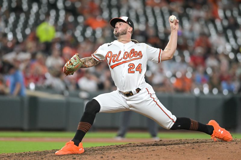 Sep 13, 2023; Baltimore, Maryland, USA;  Baltimore Orioles relief pitcher DL Hall (24) throws a seventh inning pitch against the St. Louis Cardinals at Oriole Park at Camden Yards. Mandatory Credit: Tommy Gilligan-USA TODAY Sports