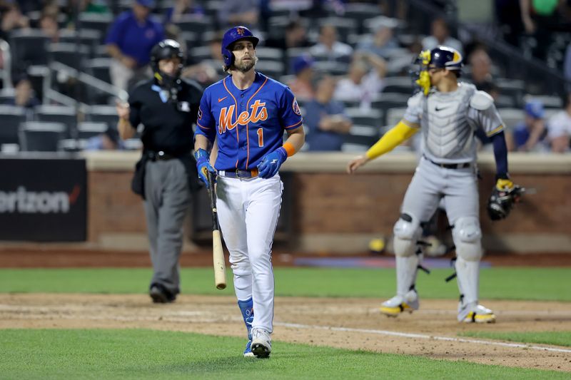 Jun 28, 2023; New York City, New York, USA; New York Mets second baseman Jeff McNeil (1) reacts after striking out to end the game against the Milwaukee Brewers at Citi Field. Mandatory Credit: Brad Penner-USA TODAY Sports