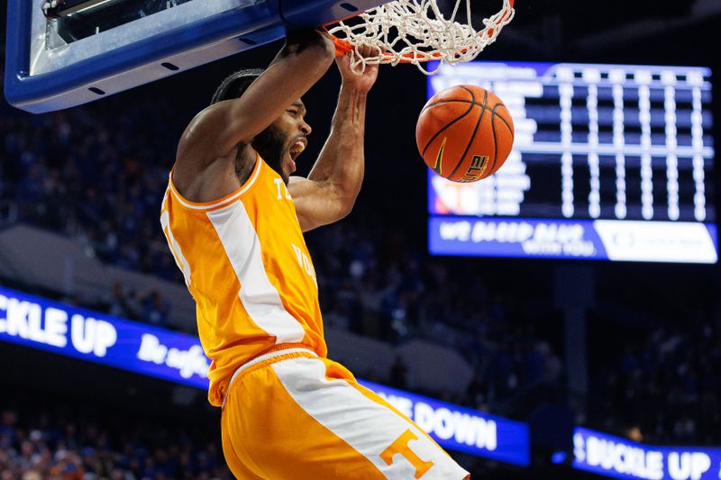 Feb 3, 2024; Lexington, Kentucky, USA; Tennessee Volunteers guard Josiah-Jordan James (30) dunks the ball during the first half against the Kentucky Wildcats at Rupp Arena at Central Bank Center. Mandatory Credit: Jordan Prather-USA TODAY Sports