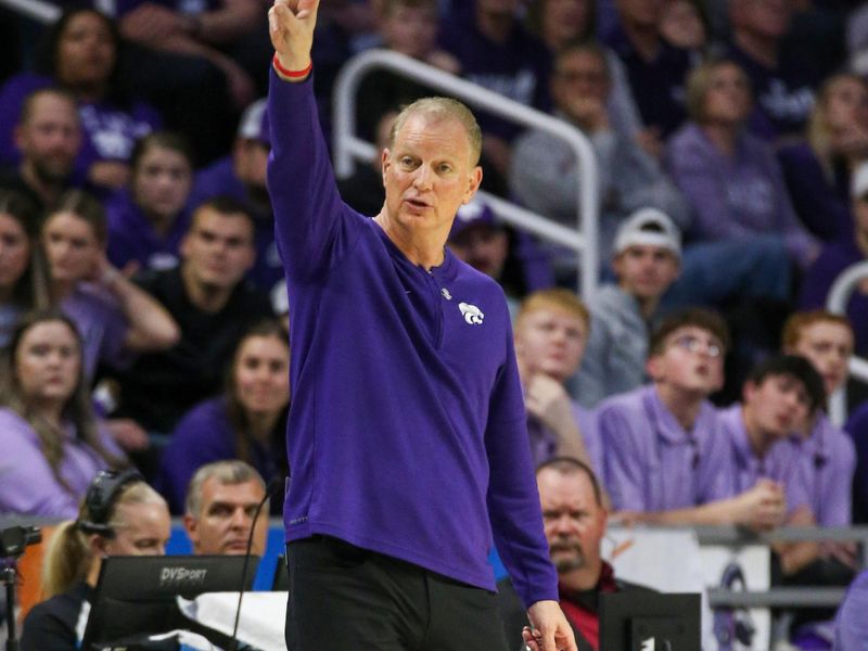 Mar 24, 2024; Manhattan, Kansas, USA; Kansas State Wildcstas head coach Jeff Mittie signals a play to his team during the second quarter against the Colorado Buffaloes at Bramlage Coliseum. Mandatory Credit: Scott Sewell-USA TODAY Sports