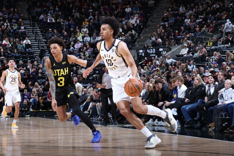 SALT LAKE CITY, UT - JANUARY 15: Jordan Nwora #13 of the Indiana Pacers dribbles the ball during the game against the Utah Jazz on January 15, 2024 at Delta Center in Salt Lake City, Utah. NOTE TO USER: User expressly acknowledges and agrees that, by downloading and or using this Photograph, User is consenting to the terms and conditions of the Getty Images License Agreement. Mandatory Copyright Notice: Copyright 2024 NBAE (Photo by Melissa Majchrzak/NBAE via Getty Images)