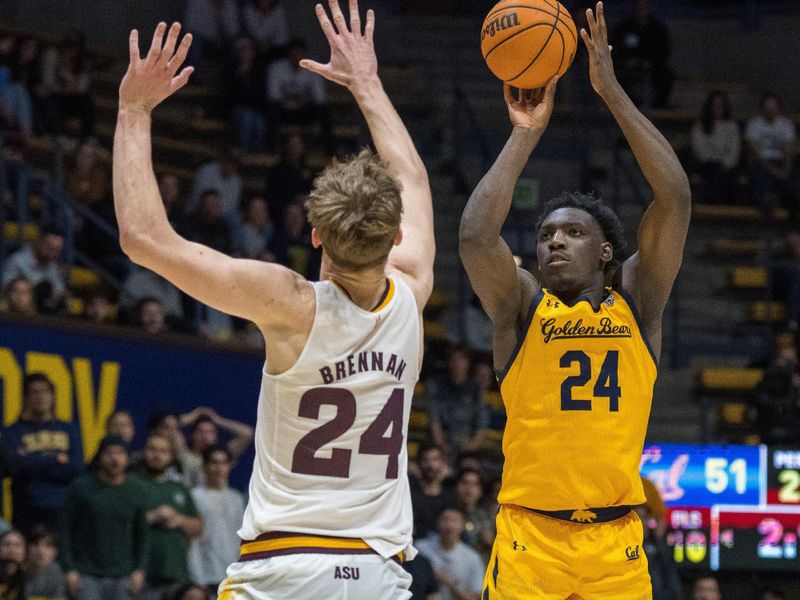 Feb 11, 2023; Berkeley, California, USA; California Golden Bears forward Sam Alajiki (24) shoots the basketball against Arizona State Sun Devils forward Duke Brennan (24) during the second half at Haas Pavilion. Mandatory Credit: Neville E. Guard-USA TODAY Sports