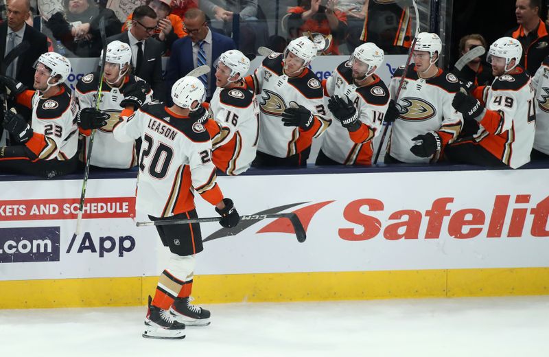 Oct 24, 2023; Columbus, Ohio, USA; Anaheim Ducks right wing Brett Leason (20) celebrates the game tying goal during the third period against the Columbus Blue Jackets at Nationwide Arena. Mandatory Credit: Joseph Maiorana-USA TODAY Sports