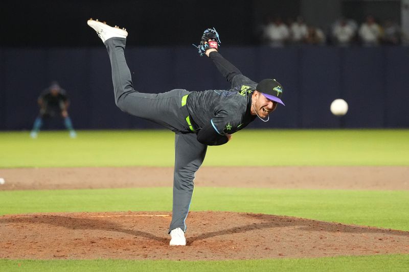 Apr 18, 2025; Tampa, Florida, USA; Tampa Bay Rays relief pitcher Hunter Bigge (43) throws a pitch against the New York Yankees during the ninth inning at George M. Steinbrenner Field. Mandatory Credit: Dave Nelson-Imagn Images