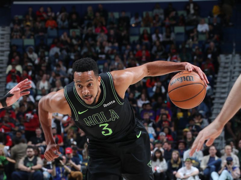 NEW ORLEANS, LA - FEBRUARY 23: CJ McCollum #3 of the New Orleans Pelicans drives to the basket during the game against the Miami Heat on February 23, 2024 at the Smoothie King Center in New Orleans, Louisiana. NOTE TO USER: User expressly acknowledges and agrees that, by downloading and or using this Photograph, user is consenting to the terms and conditions of the Getty Images License Agreement. Mandatory Copyright Notice: Copyright 2024 NBAE (Photo by Layne Murdoch Jr./NBAE via Getty Images)