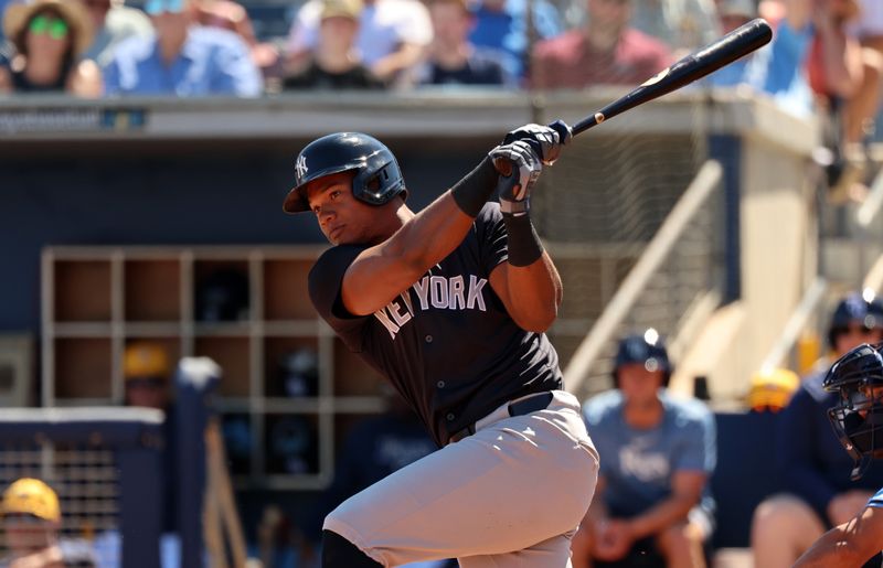 Feb 27, 2024; Port Charlotte, Florida, USA;  New York Yankees outfielder Oscar Gonzalez (72) singles during the second inning against the Tampa Bay Rays at Charlotte Sports Park. Mandatory Credit: Kim Klement Neitzel-USA TODAY Sports