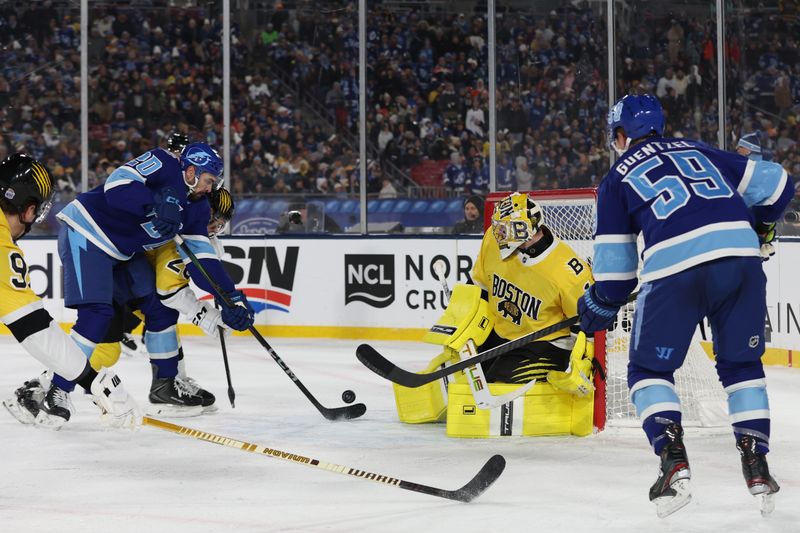Feb 1, 2026; Tampa Bay, Florida, USA; Tampa Bay Lightning left wing Nick Paul (20) scores as goal against Boston Bruins goaltender Jeremy Swayman (1) during the second period in the 2026 Stadium Series ice hockey game at Raymond James Stadium. Mandatory Credit: Kim Klement Neitzel-Imagn Images