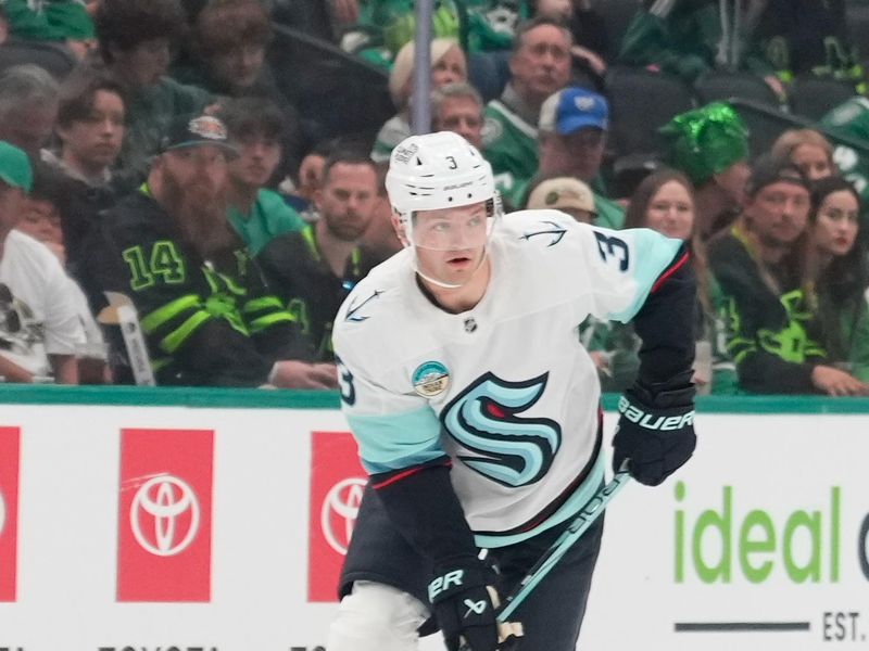 Oct 13, 2024; Dallas, Texas, USA;  Seattle Kraken defenseman Will Borgen (3) in action against Dallas Stars during the first period at American Airlines Center. Mandatory Credit: Chris Jones-Imagn Images