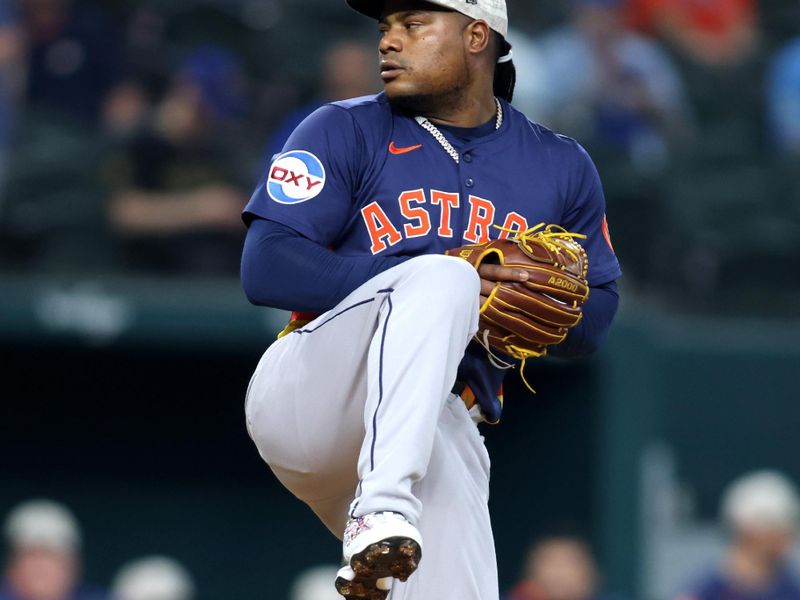 May 18, 2025; Arlington, Texas, USA; Houston Astros pitcher Framber Valdez (59) throws a pitch during the second inning against the Texas Rangers at Globe Life Field. Mandatory Credit: Tim Heitman-Imagn Images