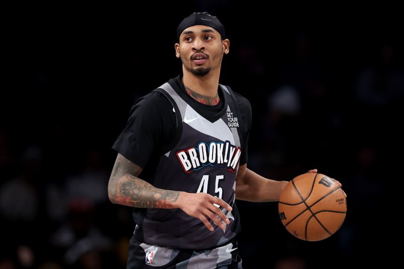 NEW YORK, NEW YORK - JANUARY 08: Keon Johnson #45 of the Brooklyn Nets in action against the Detroit Pistons at Barclays Center on January 08, 2025 in the Brooklyn borough of New York City. NOTE TO USER: User expressly acknowledges and agrees that, by downloading and or using this photograph, user is consenting to the terms and conditions of the Getty Images License Agreement.  (Photo by Luke Hales/Getty Images)