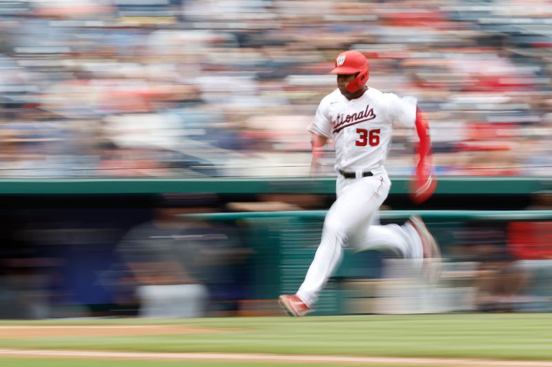 Apr 16, 2023; Washington, District of Columbia, USA; Washington Nationals left fielder Stone Garrett (36) scores a run on an RBI double by Nationals right fielder Lane Thomas (not pictured) against the Cleveland Guardians during the second inning at Nationals Park. Mandatory Credit: Geoff Burke-USA TODAY Sports