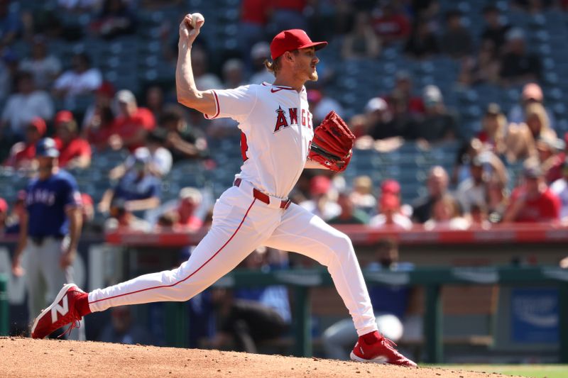 Sep 29, 2024; Anaheim, California, USA;  Los Angeles Angels starting pitcher Jack Kochanowicz (64) pitches during the fourth inning against the Texas Rangers at Angel Stadium. Mandatory Credit: Kiyoshi Mio-Imagn Images