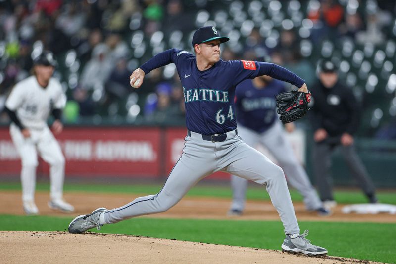 May 20, 2025; Chicago, Illinois, USA; Seattle Mariners starting pitcher Casey Legumina (64) delivers a pitch against the Chicago White Sox during the first inning at Rate Field. Mandatory Credit: Kamil Krzaczynski-Imagn Images