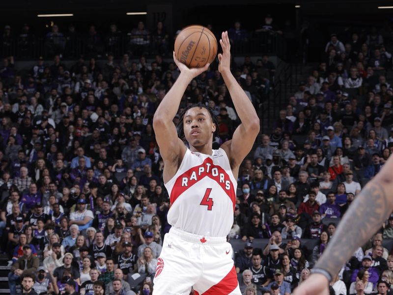 SACRAMENTO, CA - JANUARY 5: Scottie Barnes #4 of the Toronto Raptors shoots a three point basket during the game against the Sacramento Kings on January 5, 2024 at Golden 1 Center in Sacramento, California. NOTE TO USER: User expressly acknowledges and agrees that, by downloading and or using this Photograph, user is consenting to the terms and conditions of the Getty Images License Agreement. Mandatory Copyright Notice: Copyright 2024 NBAE (Photo by Rocky Widner/NBAE via Getty Images)