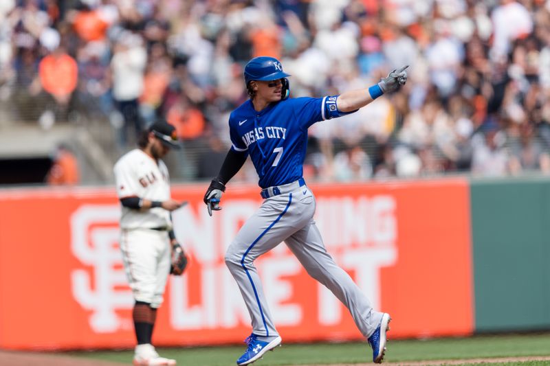 Apr 8, 2023; San Francisco, California, USA;  Kansas City Royals shortstop Bobby Witt Jr. (7) gestures as he runs the bases after hitting a solo home run against the San Francisco Giants during the sixth inning at Oracle Park. Mandatory Credit: John Hefti-USA TODAY Sports