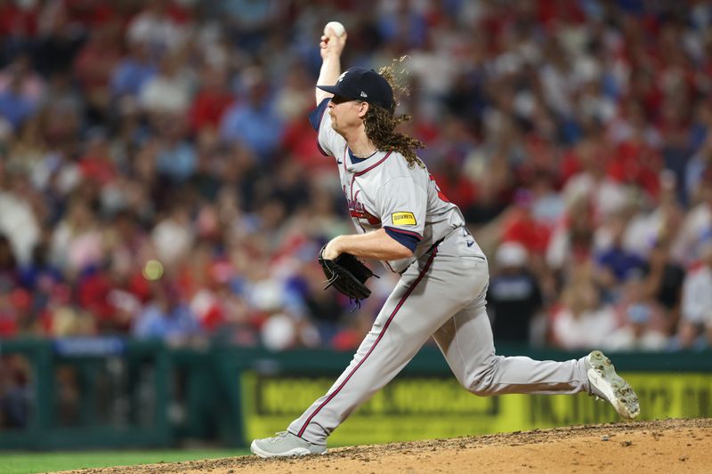 Aug 29, 2024; Philadelphia, Pennsylvania, USA; Atlanta Braves pitcher Grant Holmes (66) throws a pitch during the seventh inning against the Philadelphia Phillies at Citizens Bank Park. Mandatory Credit: Bill Streicher-USA TODAY Sports