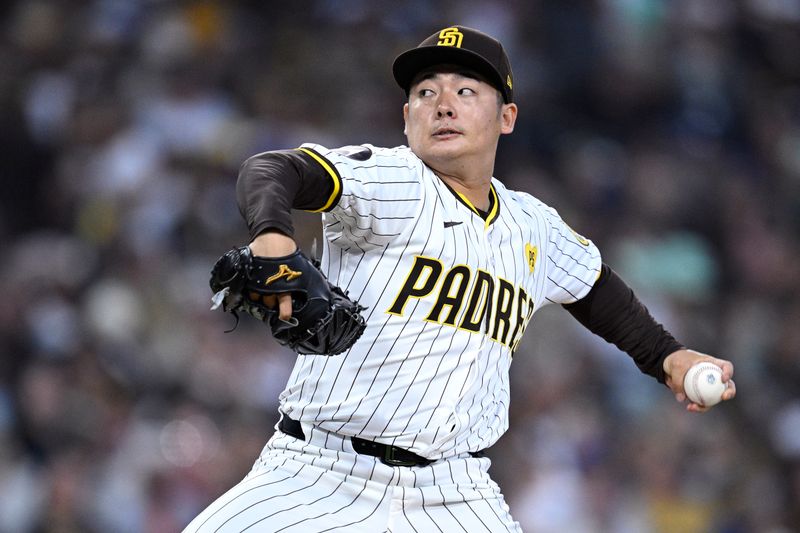 Aug 24, 2024; San Diego, California, USA; San Diego Padres relief pitcher Yuki Matsui (1) pitches against the New York Mets during the seventh inning at Petco Park. Mandatory Credit: Orlando Ramirez-USA TODAY Sports