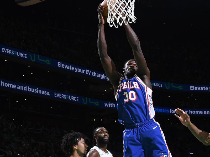 BOSTON, MA - OCTOBER 12: Adem Bona #30 of the Philadelphia 76ers goes up for the rebound during the game against the Boston Celtics during a NBA Preseason game on October 12, 2024 at TD Garden in Boston, Massachusetts. NOTE TO USER: User expressly acknowledges and agrees that, by downloading and/or using this Photograph, user is consenting to the terms and conditions of the Getty Images License Agreement. Mandatory Copyright Notice: Copyright 2024 NBAE (Photo by Brian Babineau/NBAE via Getty Images)