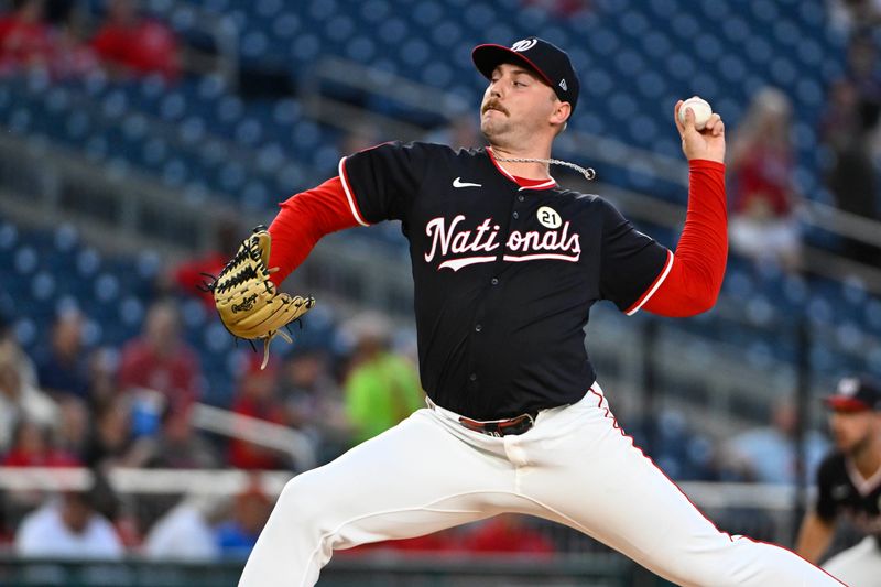 Sep 15, 2025; Washington, District of Columbia, USA; Washington Nationals starting pitcher Mitchell Parker (70) throws to the Atlanta Braves during the second inning at Nationals Park. Mandatory Credit: Brad Mills-Imagn Images