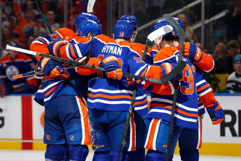 Jan 29, 2026; Edmonton, Alberta, CAN; The Edmonton Oilers celebrate a goal scored by defensemen Evan Bouchard (2) during the third period against the San Jose Sharks  at Rogers Place. Mandatory Credit: Perry Nelson-Imagn Images